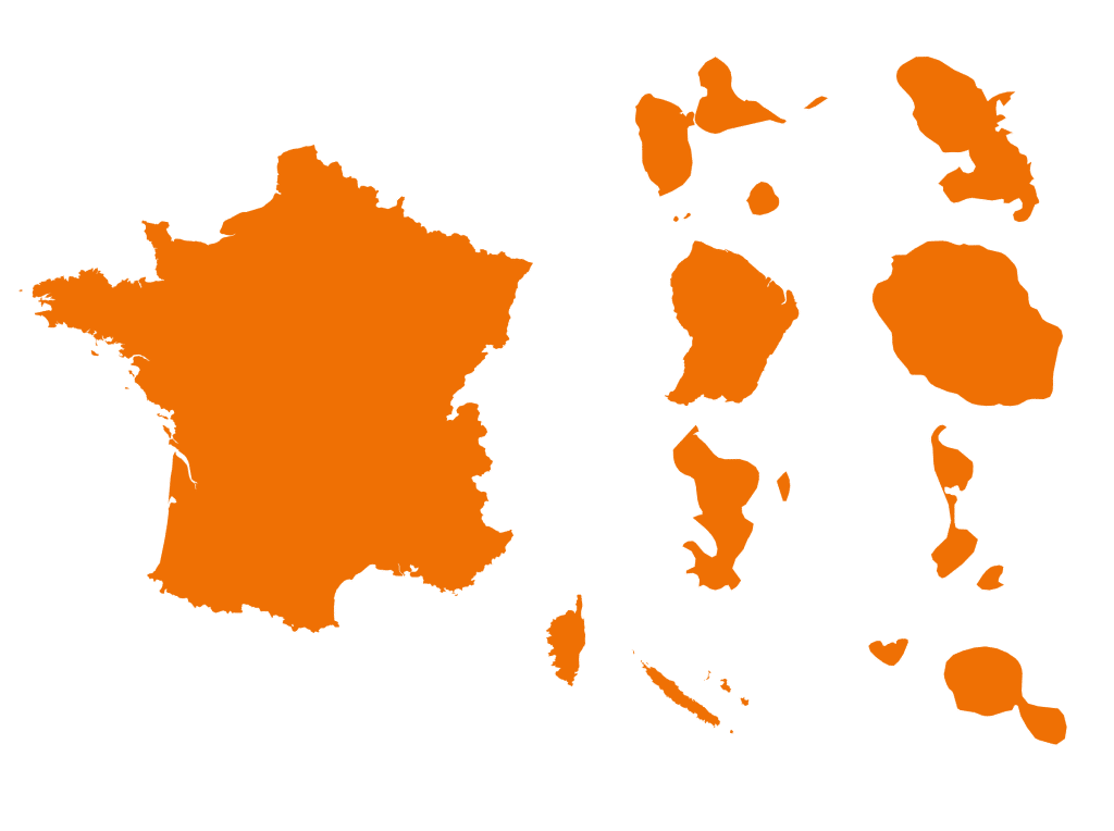 Illustration orange représentant la france et les DOM-TOM pour prévenir que Ginkgo RH & Management intervient partout en France et Outre-mer